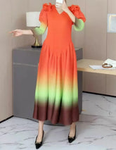 HEYFANCYSTYLE Women's Petite Luxury Plissé Pleated Midi Dress – Ombre Sunset Elegance